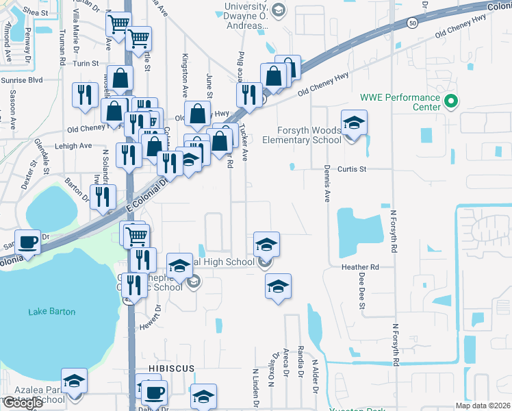 map of restaurants, bars, coffee shops, grocery stores, and more near 6520 Oleander Way in Orlando