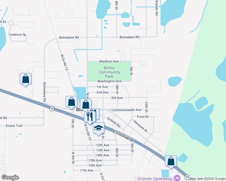 map of restaurants, bars, coffee shops, grocery stores, and more near 18599 2nd Avenue in Orlando