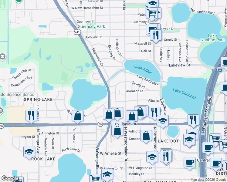 map of restaurants, bars, coffee shops, grocery stores, and more near 833 Ellwood Avenue in Orlando