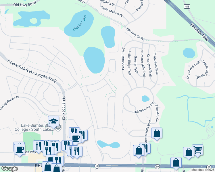 map of restaurants, bars, coffee shops, grocery stores, and more near 796 Hawks Bluff in Clermont