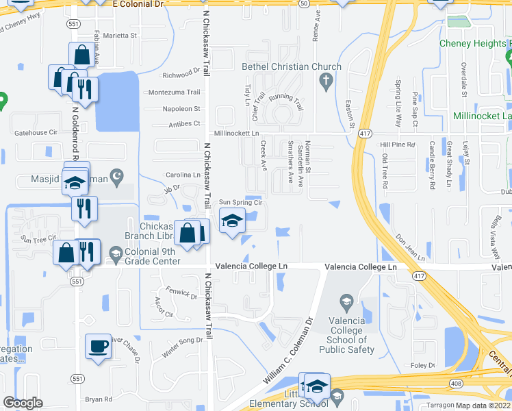 map of restaurants, bars, coffee shops, grocery stores, and more near 8213 Sun Spring Circle in Orlando