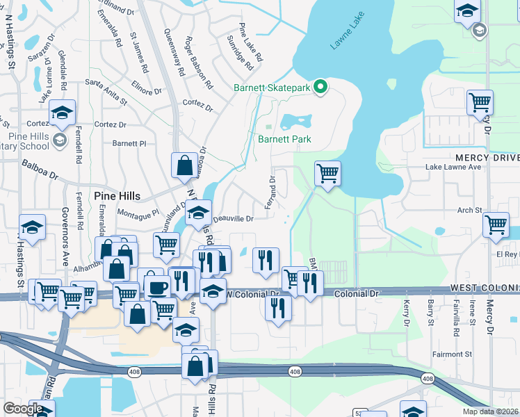 map of restaurants, bars, coffee shops, grocery stores, and more near 901 Ferrand Drive in Pine Hills