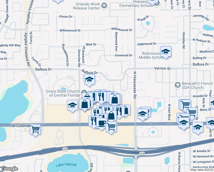 map of restaurants, bars, coffee shops, grocery stores, and more near 7010 Balboa Drive in Orlando