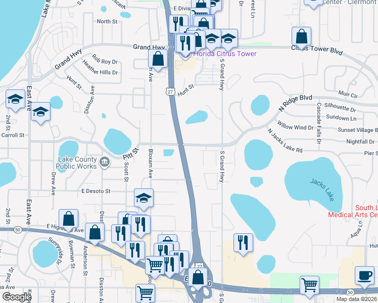 map of restaurants, bars, coffee shops, grocery stores, and more near 801 Pitt Street in Clermont