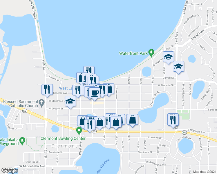 map of restaurants, bars, coffee shops, grocery stores, and more near 673 West Osceola Street in Clermont