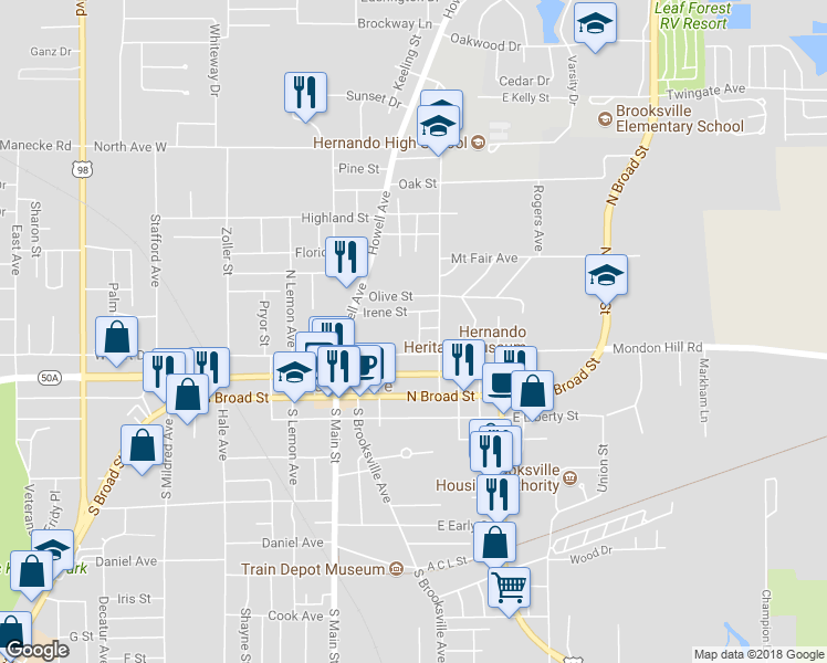 map of restaurants, bars, coffee shops, grocery stores, and more near 247 Oakland Avenue in Brooksville
