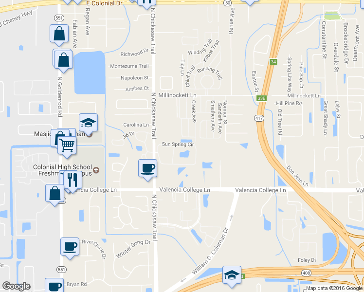 map of restaurants, bars, coffee shops, grocery stores, and more near 8215 Sun Spring Circle in Orlando