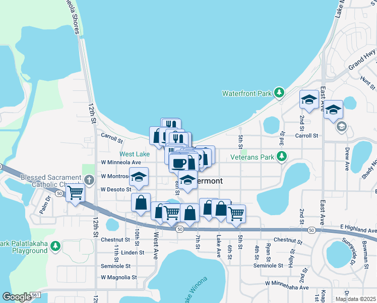 map of restaurants, bars, coffee shops, grocery stores, and more near 741 West Osceola Street in Clermont