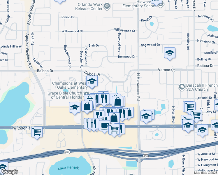 map of restaurants, bars, coffee shops, grocery stores, and more near 7010 Balboa Drive in Orlando