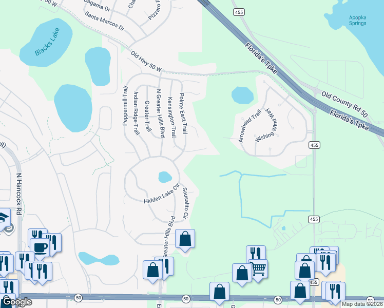 map of restaurants, bars, coffee shops, grocery stores, and more near 15908 Lake Orienta Court in Clermont