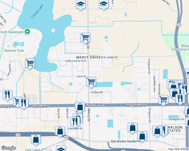 map of restaurants, bars, coffee shops, grocery stores, and more near 1202 Golden Gate Avenue in Orlando