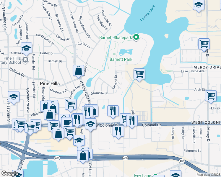 map of restaurants, bars, coffee shops, grocery stores, and more near 901 Ferrand Drive in Pine Hills