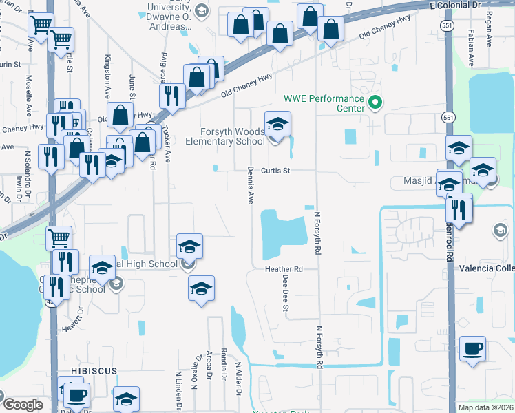 map of restaurants, bars, coffee shops, grocery stores, and more near 842 Dennis Avenue in Orlando