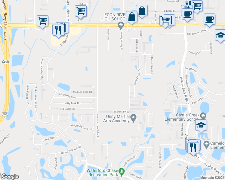 map of restaurants, bars, coffee shops, grocery stores, and more near 1311 Hancock Lone Palm Road in Orlando