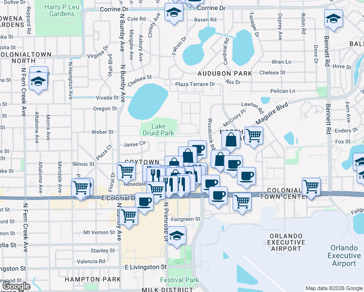 map of restaurants, bars, coffee shops, grocery stores, and more near 2912 East Marks Street in Orlando