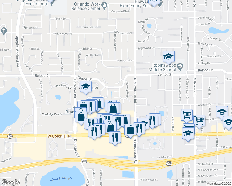 map of restaurants, bars, coffee shops, grocery stores, and more near 7208 Gantry Lane in Orlando