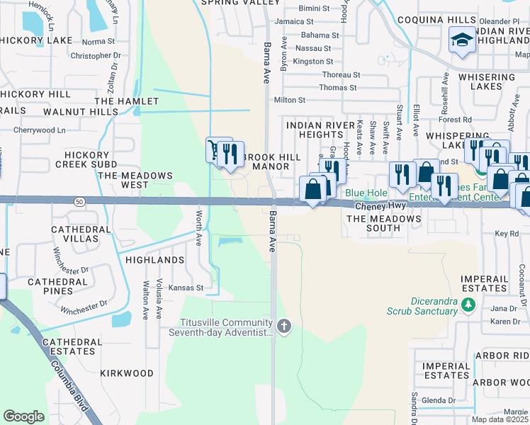 map of restaurants, bars, coffee shops, grocery stores, and more near 1809 Cheney Highway in Titusville
