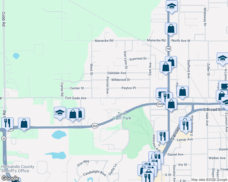map of restaurants, bars, coffee shops, grocery stores, and more near 19480 Peyton Place in Brooksville