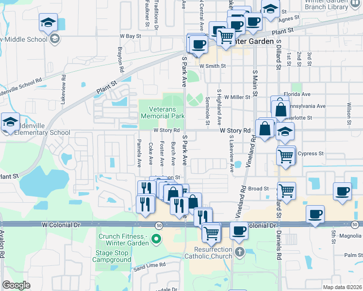 map of restaurants, bars, coffee shops, grocery stores, and more near 641 Burch Avenue in Winter Garden
