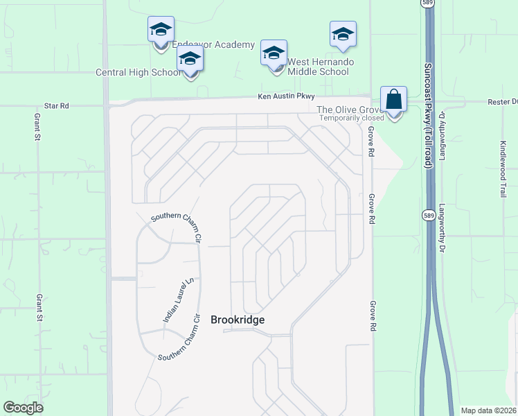 map of restaurants, bars, coffee shops, grocery stores, and more near 14297 Montclair Drive in Brooksville