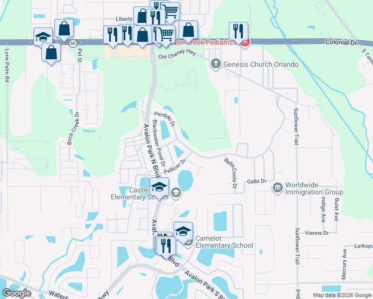 map of restaurants, bars, coffee shops, grocery stores, and more near 15048 Perdido Drive in Orlando
