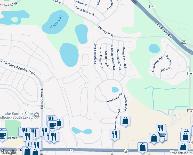 map of restaurants, bars, coffee shops, grocery stores, and more near 15532 Royal Oak Court in Clermont