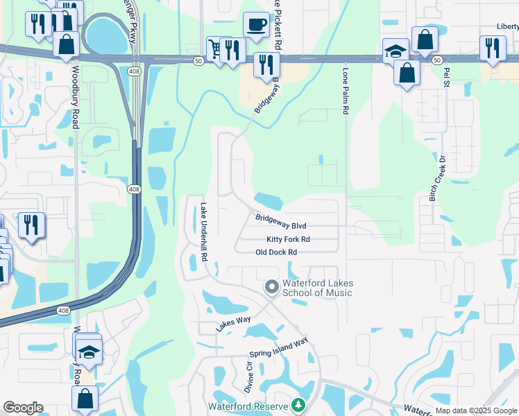 map of restaurants, bars, coffee shops, grocery stores, and more near 815 Bridgeway Boulevard in Orlando