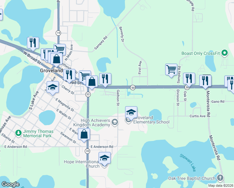map of restaurants, bars, coffee shops, grocery stores, and more near 204 Gadson Street in Groveland