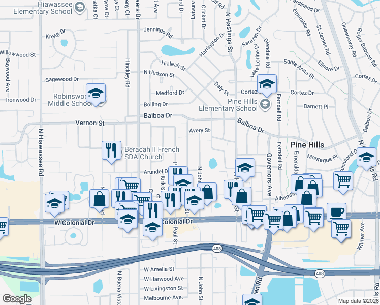 map of restaurants, bars, coffee shops, grocery stores, and more near 1207 North Nowell Street in Orlando