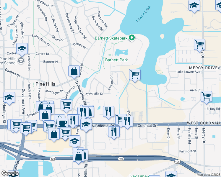 map of restaurants, bars, coffee shops, grocery stores, and more near 901 Ferrand Drive in Pine Hills