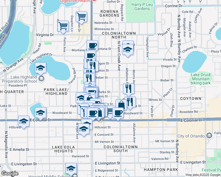 map of restaurants, bars, coffee shops, grocery stores, and more near 906 La Salle Avenue in Orlando