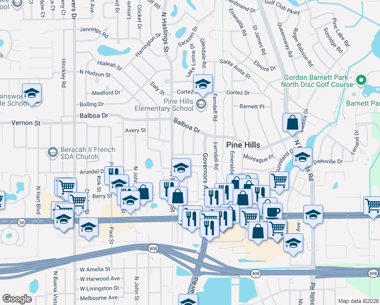 map of restaurants, bars, coffee shops, grocery stores, and more near 5606 Astoria Place in Orlando