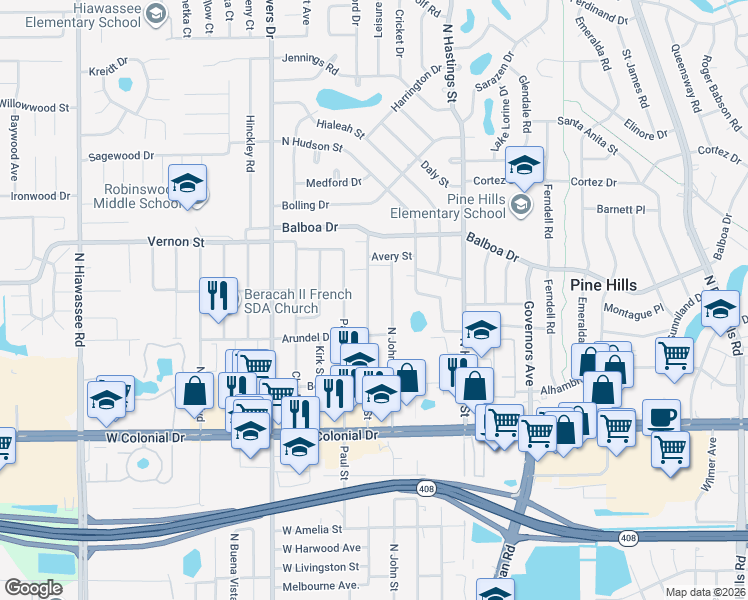 map of restaurants, bars, coffee shops, grocery stores, and more near 1207 North Nowell Street in Orlando