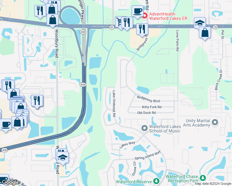 map of restaurants, bars, coffee shops, grocery stores, and more near 14530 Lake Underhill Road in Orlando
