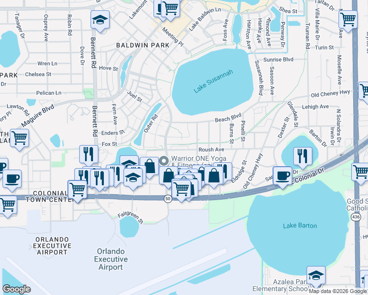 map of restaurants, bars, coffee shops, grocery stores, and more near 4340 Roush Avenue in Orlando