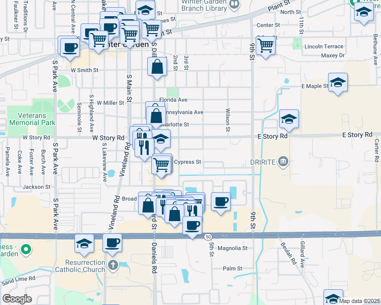 map of restaurants, bars, coffee shops, grocery stores, and more near 222 East Lafayette Street in Winter Garden