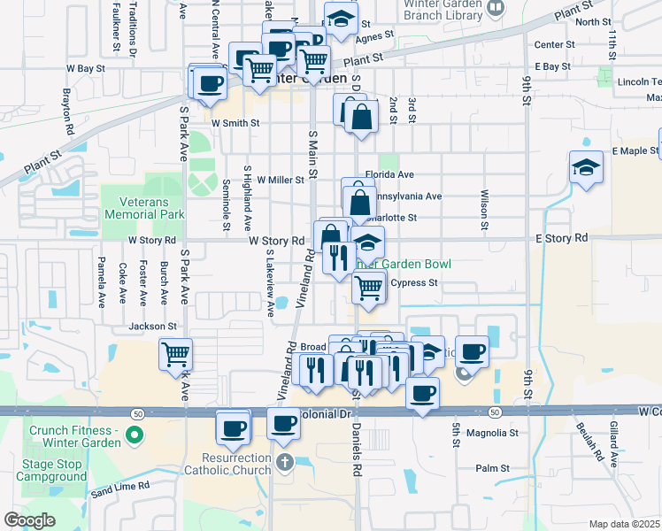 map of restaurants, bars, coffee shops, grocery stores, and more near 13 East Cypress Street in Winter Garden