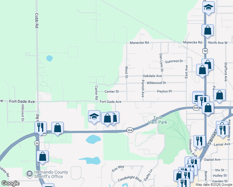 map of restaurants, bars, coffee shops, grocery stores, and more near 19340 Center Street in Brooksville
