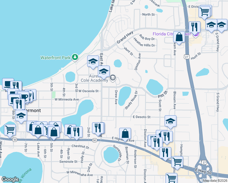 map of restaurants, bars, coffee shops, grocery stores, and more near 540 Drew Avenue in Clermont