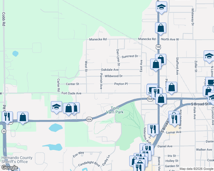 map of restaurants, bars, coffee shops, grocery stores, and more near 19480 Peyton Place in Brooksville