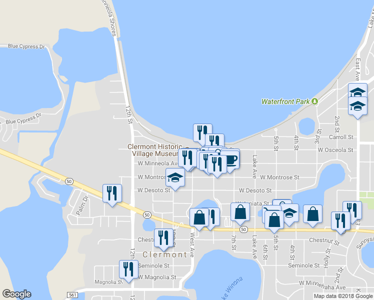map of restaurants, bars, coffee shops, grocery stores, and more near 490 West Avenue in Clermont