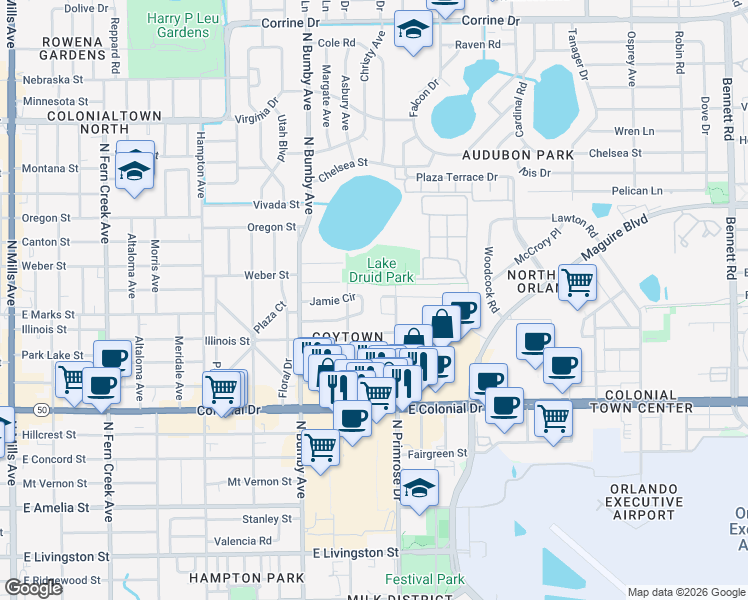 map of restaurants, bars, coffee shops, grocery stores, and more near 2602 East Marks Street in Orlando