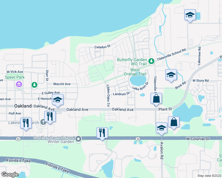 map of restaurants, bars, coffee shops, grocery stores, and more near 919 Landrum Drive in Winter Garden