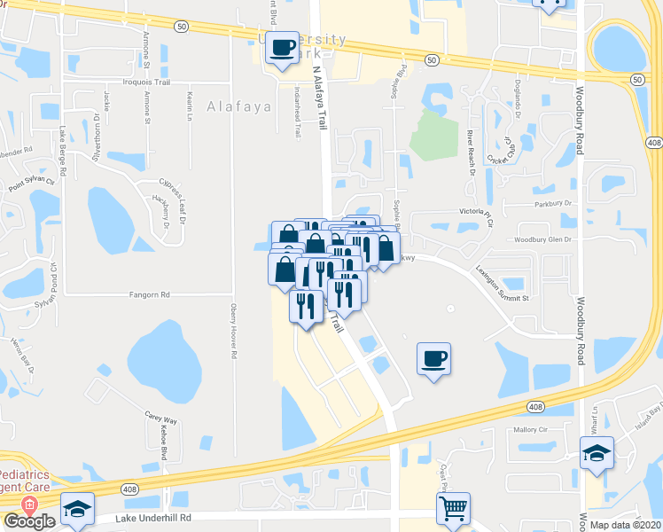 map of restaurants, bars, coffee shops, grocery stores, and more near 863 N Alafaya Trail in Orlando