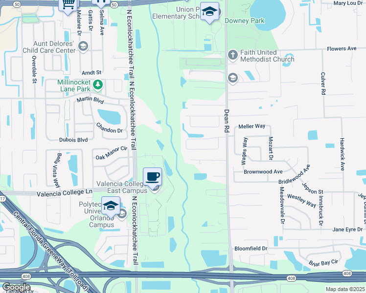 map of restaurants, bars, coffee shops, grocery stores, and more near 9838 Piney Point Circle in Orlando