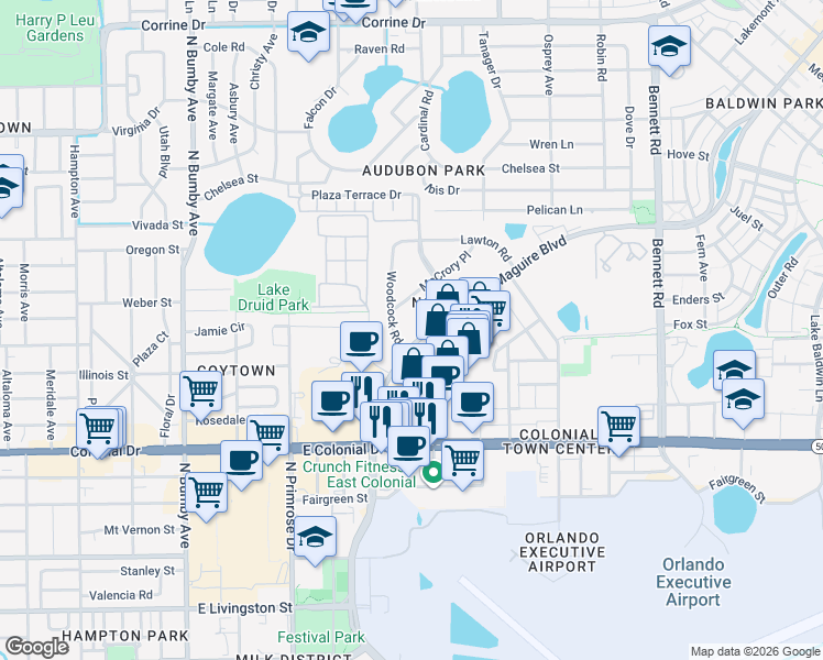 map of restaurants, bars, coffee shops, grocery stores, and more near 901-933 Woodcock Road in Orlando