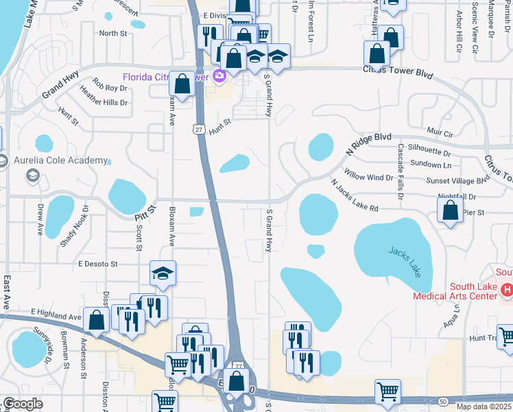 map of restaurants, bars, coffee shops, grocery stores, and more near 801 Pitt Street in Clermont