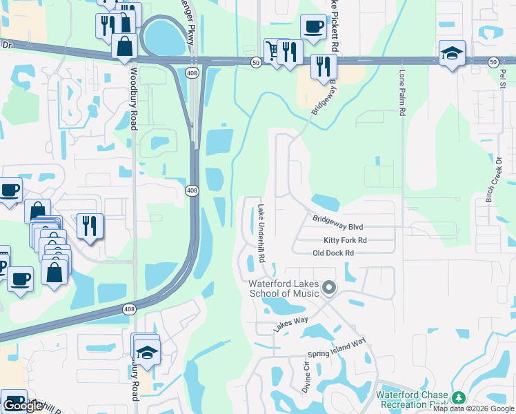 map of restaurants, bars, coffee shops, grocery stores, and more near 14517 Lake Underhill Road in Orlando