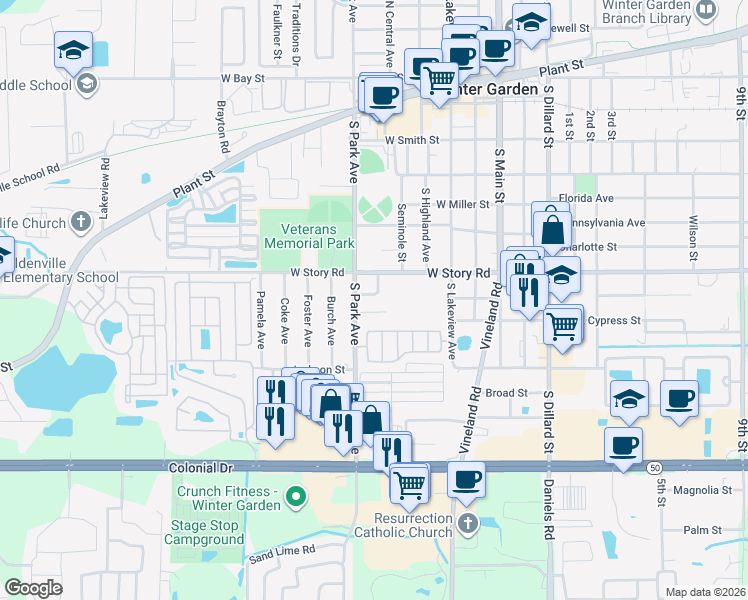 map of restaurants, bars, coffee shops, grocery stores, and more near 223 West Cypress Street in Winter Garden