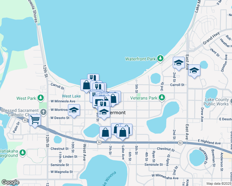 map of restaurants, bars, coffee shops, grocery stores, and more near 665 West Osceola Street in Clermont